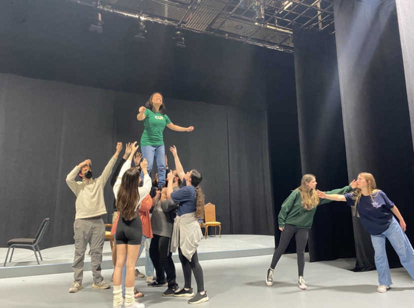 Actors in the Theatre Department carefully learn various lift sequences to prepare for "Wings". 